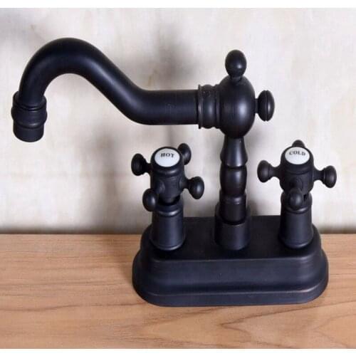 Black Oil Rubbed Bronze 4" Centerset Bathroom Two Holes Basin Faucet Sink Mixer Tap Swivel Spout Double Cross Handles mnf151