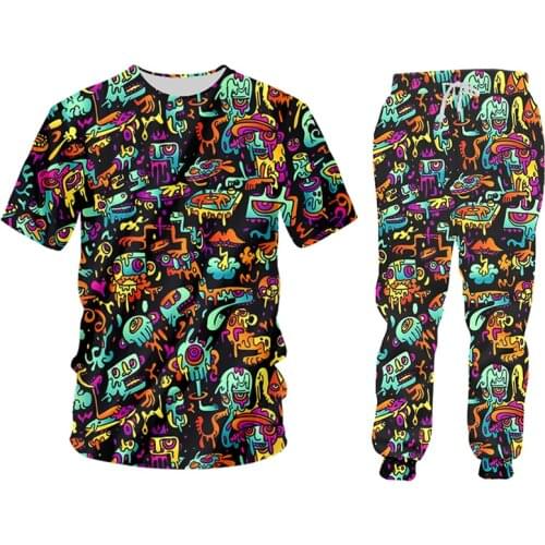 Mens 2 Pieces Sets Graffiti 3D Print Hip Hop Casual Hoodie And Pants Streetwear Y2k Women Tracksuit Fall Oversize Sportwear 6XL