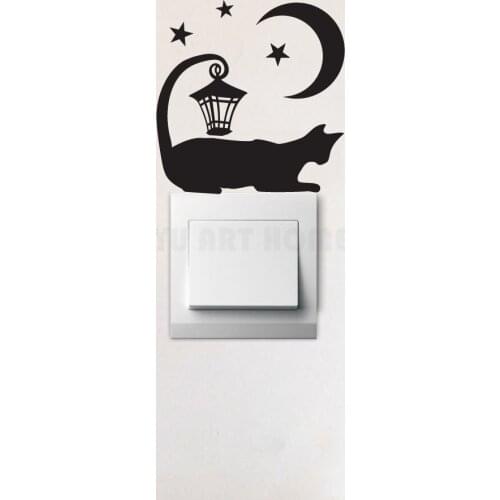 Cat With Moon and Stars Lantern Vinyl Switch Stickers Art Removable Living Room Interior Home Decor Light Switch Sticker AY1158