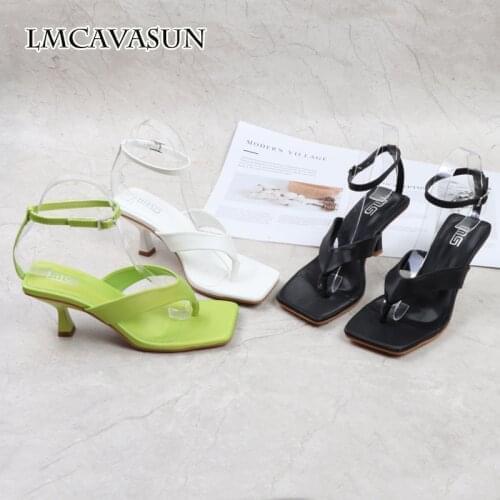 LMCAVASUN Korean version of 2021 simple satin clip mid-heel sandals square toe buckle stiletto heels fashion high heels