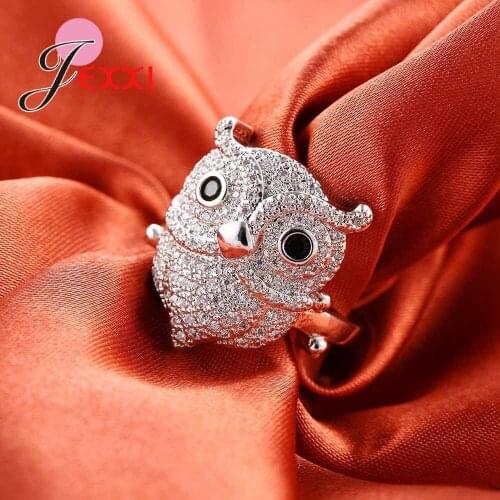 Cute Animal Owl Design Fashion Full Clear CZ Ziron 925 Sterling Silver Rings For Girls Party Accessory Women Anel Gift