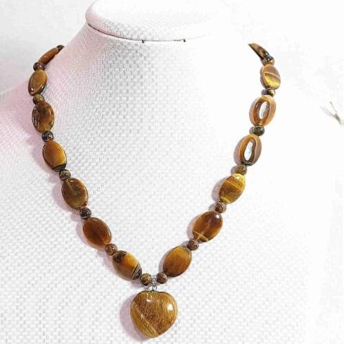 Fashion tiger stone 13x18mm oval beads with 6mm round beads 25mm heart pendant diy necklace 18"B730