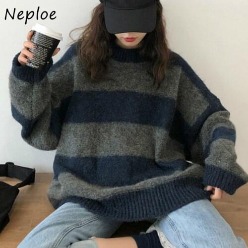 Neploe Fashion Striped Knit Sweater Women O Neck Pullover Long Sleeve Pull Femme Winter 2021 New Loose Casual Warm Sueter