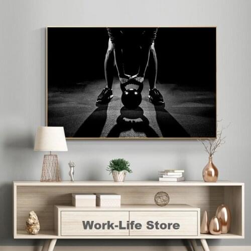 Male Kettle Bell Lifting Fitness Poster Black Canvas Prints Art Paintings Wall Bodybuilding Workout Pictures for Home GYM Decor