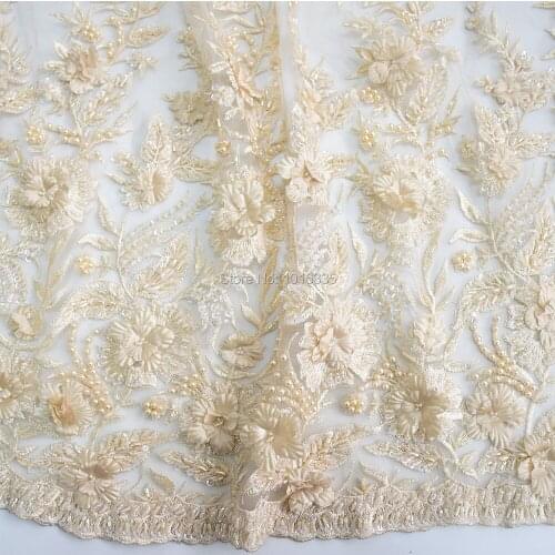 2018 Newest Cream handmade 3d tulle beaded bridal lace fabricbridal material for dress HY0624