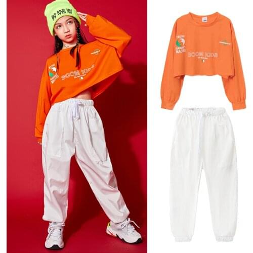 Ballroom Hip Hop Clothes For Girls Jazz Dancing Costume Sweatshirt White Pants Hiphop Suit Rave Modern Childrens Wear BL5472