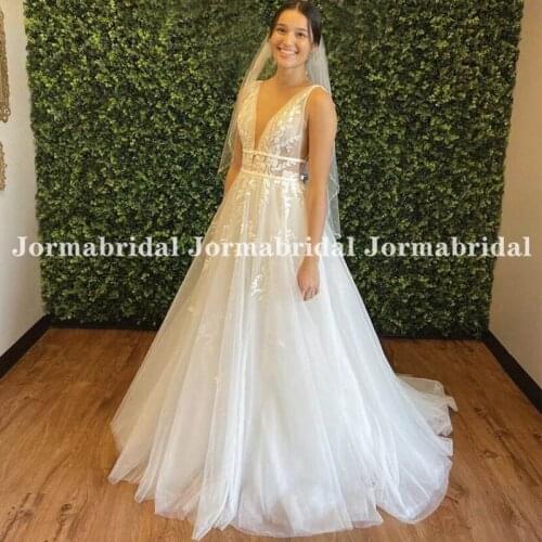 Princess A-Line Wedding Dress Lace Appliques Tulle Bride Dress V Neck Backless Boho Transparent Bodice Backless Wedding Gowns