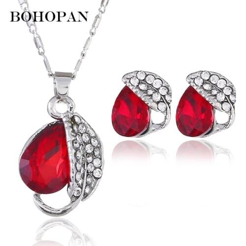 Luxury Jewelry Set For Women Red Crystal Gem Silver Metal Chain Necklace&Earrings Fashion Jewelry Set Wedding boucle d'oreille