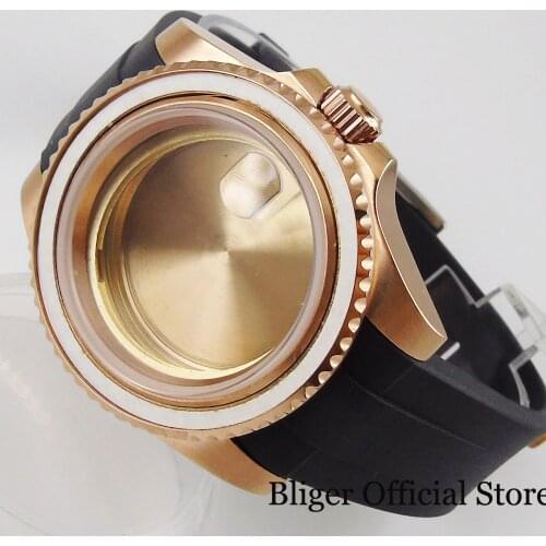 Rose Gold Coated 40mm Automatic Watch Case for NH35 NH36 Without Insert Rubber Strap Mental Back