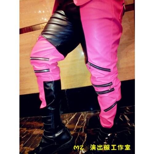 S-3xl ! 2020 Mens Fashion Stage Ds Singer Star Color Stitching Zipper Type Leather Pants Trousers Plus Size Costumes