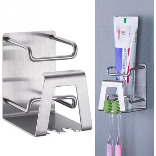 Punch-free Self-adhesive Organizer Toothbrush Holder Stainless Steel Bathroom Accessories Toothpaste Hook Wall Mount