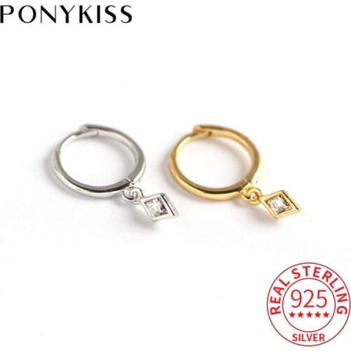 PONYKISS Genuine S925 Sterling Silver Geometric rhombu Zircon Hoop Earrings Women Party Delicate Elegant Accessory Romantic Gift