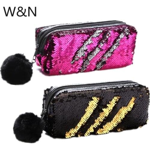 School Pencil Case Reversible Sequin Hairball Pencil Case For Girls Cute Pencil Box Kawaii Student Supplies Stationery Gift