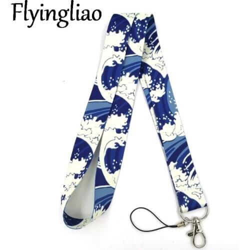 Vintage Kanagawa Hokusai Wave Lanyard Keys Phone Holder Neck Strap With Keyring ID Card DIY Animal webbings ribbons Hang Rope