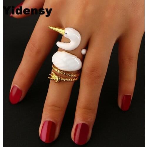Yidensy New Design White Swan Animal Ring Sets Opening Unique Gold Color Knuckle Joint Ring for Women 3D Rings Jewelry