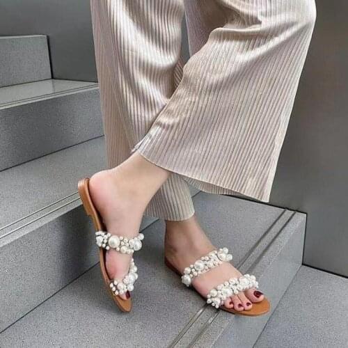 Women Sandals Flat Shoes Bohemian Transparent Flat Bottom Pearl Versatile Crystal Sandals Women 2021 TGHDOF 36-43