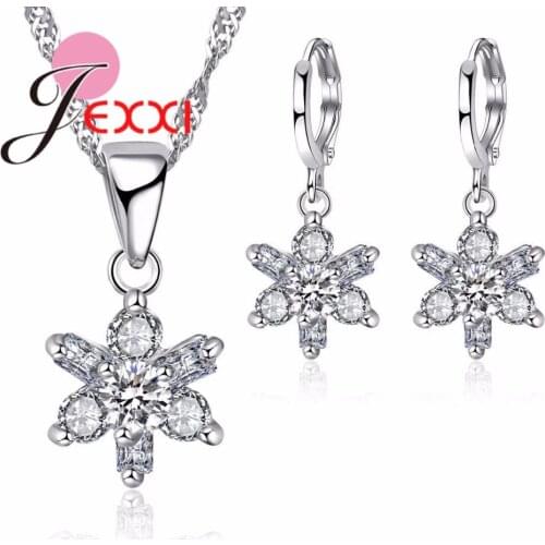 Fashion Flower Zirconia Crystal Women Earrings Necklace Set 925 Sterling Silver For Brides Wedding Costume Jewelry Set