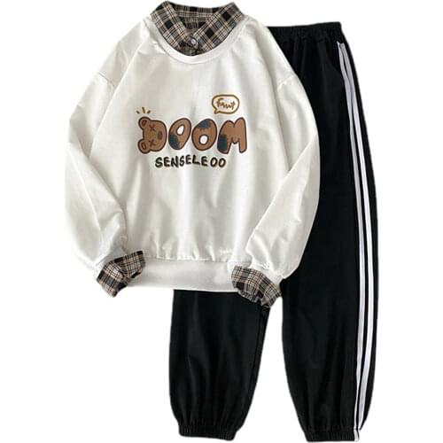 2pcs Women Set Outfits Long Sleeve Hoodies Sweatshirt Tops + Long Pants Ladies Casual loose Sports white Suit student Tracksuits