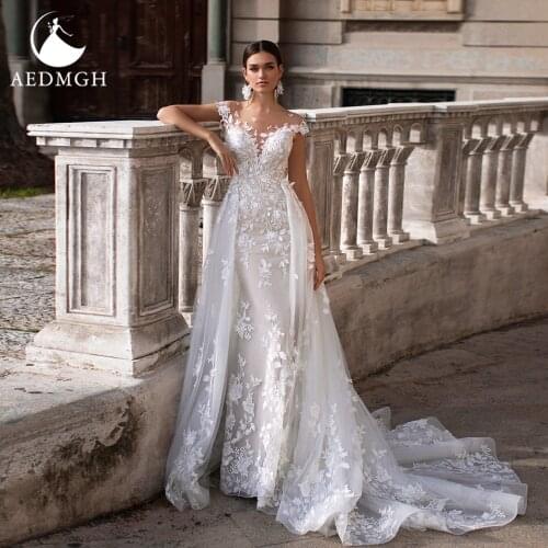 Aedmgh Mermaid Wedding Dresses 2021 Sweetheart Cap Sleeve Detachable Train Vestido De Novia Appliques 2 In 1 Robe De Mariee