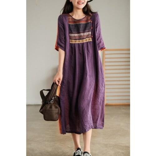 21New Dresses Women Vintage Spliced Embroidery Loose Frog Buttons Loose Female A-Line Long Dress Fashion