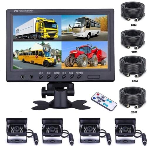 Vehicle Car Rear View 9" LCD Monitor 4CH Quad Split Screen 4Pin for Bus Truck Caravan Van Motorhome Camper Parking Camera