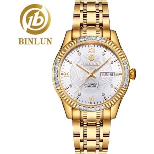 BINLUN Mens Watches Mens automatic Skeleton Watch 18k Golden Luxury Mechanical Stainless Steel Calendar Waterproof wristwatches