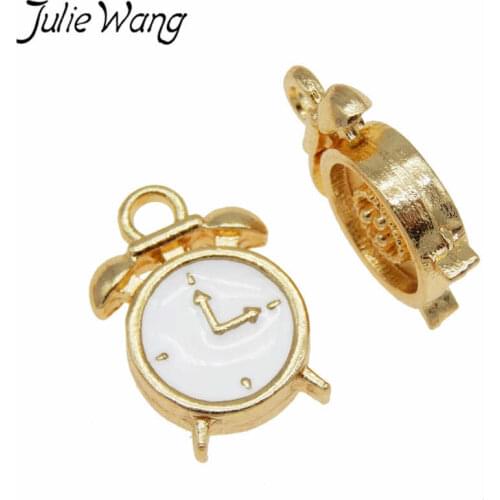 Julie Wang 5PCS Enamel Alarm Clock Charm Alloy Small Vintage Clock Gold Tone Drop Oil Necklace Bracelet Accessory Jewelry Making