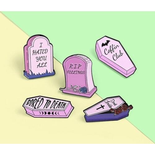 Dead Inside Enamel Pins Custom Purple Coffin Tombstone Brooch Lapel Badge Bag Gothic Punk Jewelry Gift For Friends New