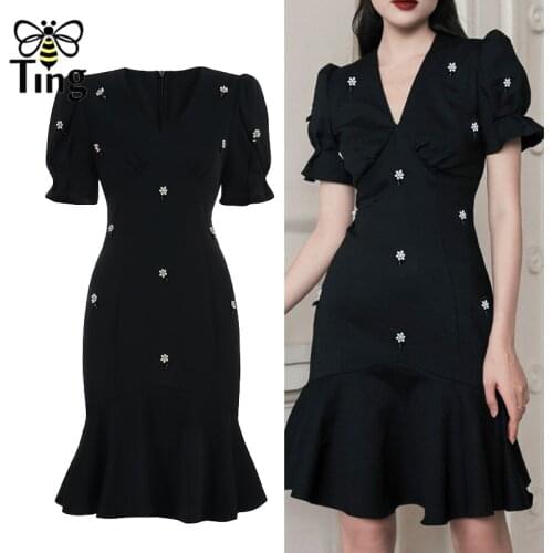 Tingfly Designer High Quality Vintage Elegant Beading Black Party Dinner Dresses Retro V neck Ruffles Hem Mermaid Dress Vestidos