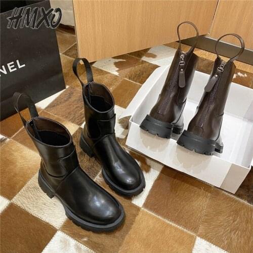 HMXO Round Toe Thick-soled Mid-heel Zipper Handsome Knight Short Boots Martin Boots Fashion Retro British Leather Shoes Women