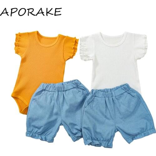 2021 0-24M Baby Girl Clothing Set Solid Color Ruffle Short Sleeve Knitted Romper+Blue Shorts Summer Casual 2pcs Outfits