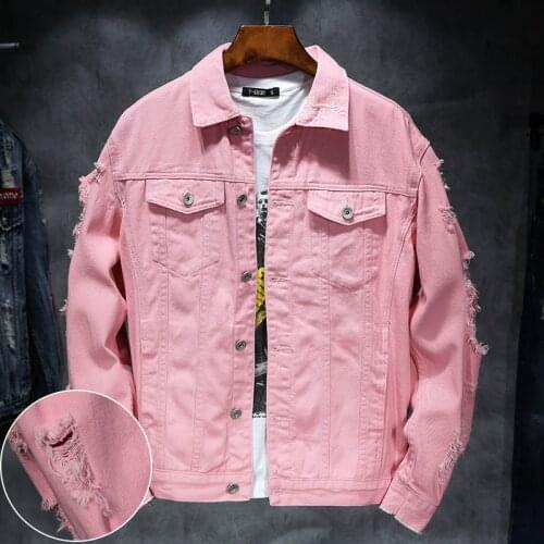 YuWaiJiaRen Denim Jacket Men Ripped Holes Mens Pink Jean Jackets New 2018 Garment Washed Mens Denim Coat