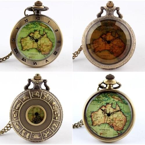 Womens Mens Quartz Pocket Watch 1pcs Vintage Watch Necklace Gift Retro Australia Map Watch Pendant Clock On Chain Dropshipping