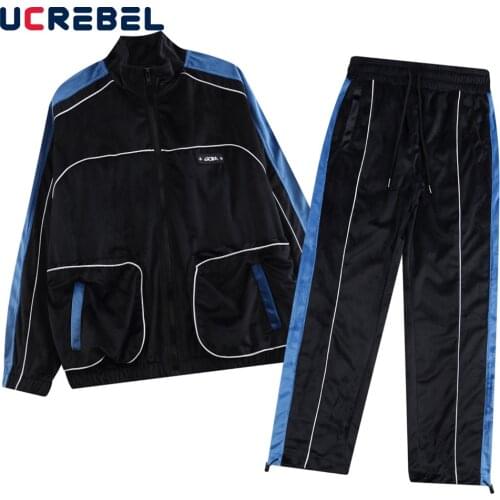 Contrast Paneled Velvet Sports Suit Mens Autumn Patchwork Two-piece Suit Streetwear Loose Long Sleeve Casual Set Men