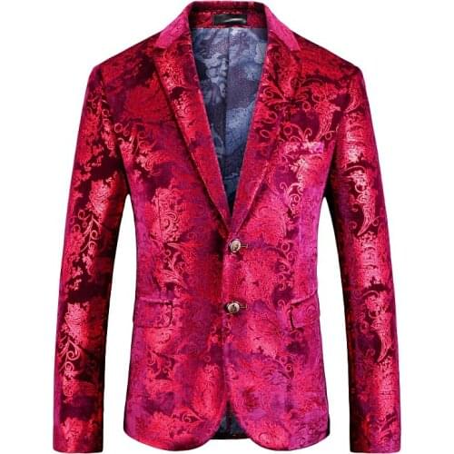 Mens Red Floral Blazer Jacket 2020 New Single Breasted Two Button Velvet Suit Blazer Men Party Wedding Prom Stage Costumes