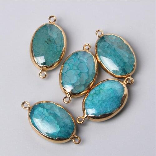 Natural Blue Green Agates oval egg shape Gold Metal Connector Pendant Charm for Diy Handmade Jewelry Making Bracelet Earring