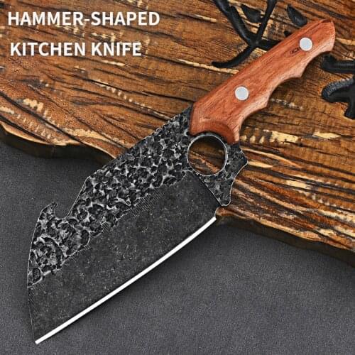 5Cr15movStainless Steel Hammer Pattern Chef Knife Butcher Meat Boning Knife With Solid Wood Handle Kitchen Cutting Cooking Tool