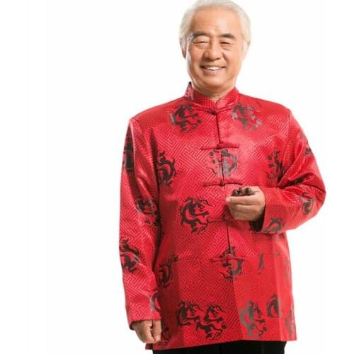 Autumn winter middle-aged Chinese tunic suit mens casual jacket men blazer man Dragon coats mens Tang suit stand collar red
