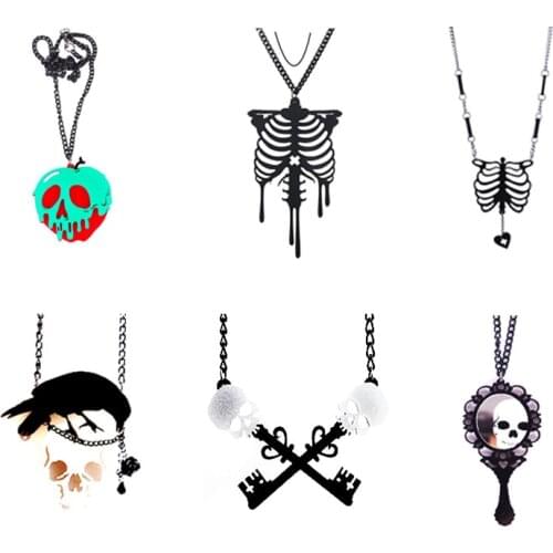 Gothic Funny Skull Apple Crow Skeleton Heart Black Acrylic Pendant Necklace For Women Girl Vintage Bird Choker Necklace Jewelry