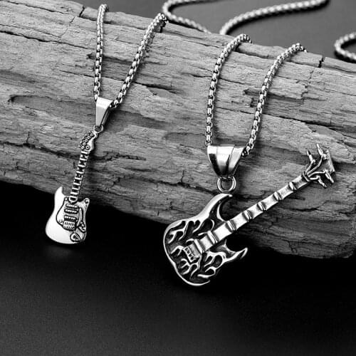 Fashion classic Stainless Steel Casting Guitar Pendants Necklace For Men woman Hip hop rock Pendants Long Chain Halloween gifts