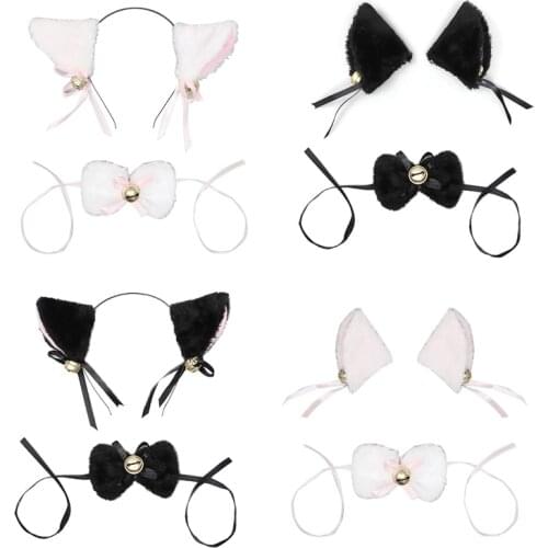 Women Girls Lolita Anime Cosplay Costume Cute Plush Cat Ears Bandana Hair Clip Bell Ribbon Bow Tie Halloween Maid Props