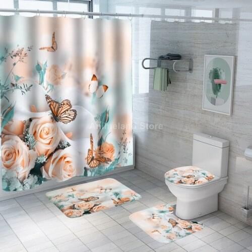 Butterfly Rose Shower Curtain With Non Slip Rug Mat Bathroom Curtain Waterproof Polyester Bathroom Curtain with Hooks Fashion