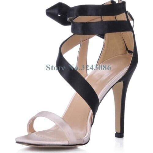 Black Satin Butterfly Knot Thin High Heel Sandals Single Strap Silk Stiletto Heel Sandals Back Zip Comfortable High Heel Shoes