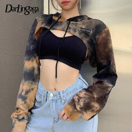 Darlingaga Streetwear Tie Dye Cropped Hoodies Women Letter Embroidery Smocking Fashion Pullovers Mini Autumn Hoodie Long Sleeve