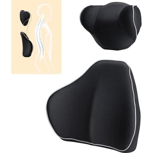 Car seat back support cushion and car neck pillow kit, ergonomic car seat, high-density memory foam, black, 2 pieces