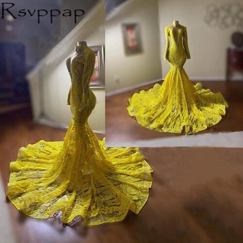 New Arrival Yellow Mermaid Long Prom Dresses 2021 African Black Girl High Neck Long Sleeves Sparkly Sequin Party Prom Dress