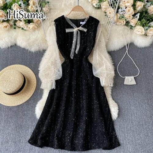 2021 spring new women Lace-up bow sequins lantern sleeve bright silk mesh fairy A-line dress female Chic elegant bling dresses