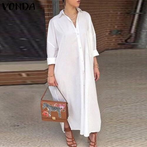 Women Spring Long Sleeve Dress 2021 VONDA Casual Lapel Button Down Party Shirt Dress Holiday Long Dresses Vestido Femme Sundress