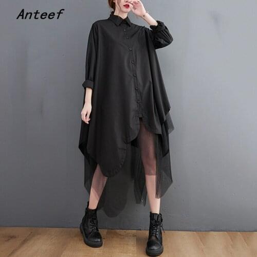 Anteef long sleeve plus size cotton mesh vintage dresses for women casual loose spring autumn shirt dress elegant clothing 2021