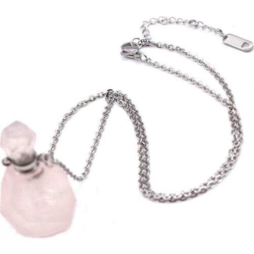 100-Unique 1 Pcs Stainless Steel Scent Bottle Can Open Natural Rose Pink Quartz Pendant Necklace Elegant Women Jewelry
